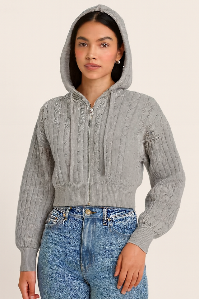 Women Grey Hooded Zip-Up Sweatshirt