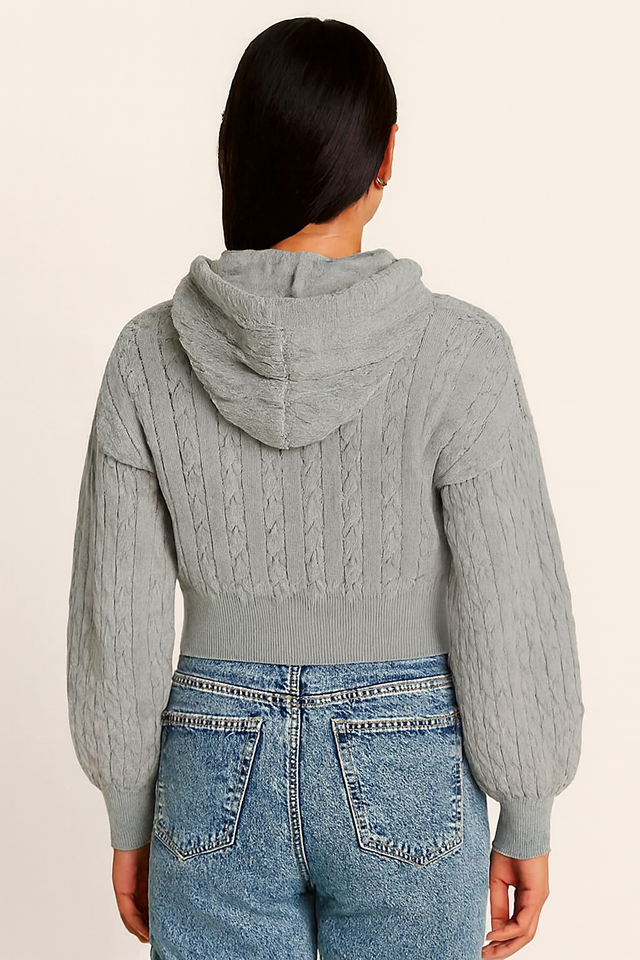 Women Grey Hooded Zip-Up Sweatshirt