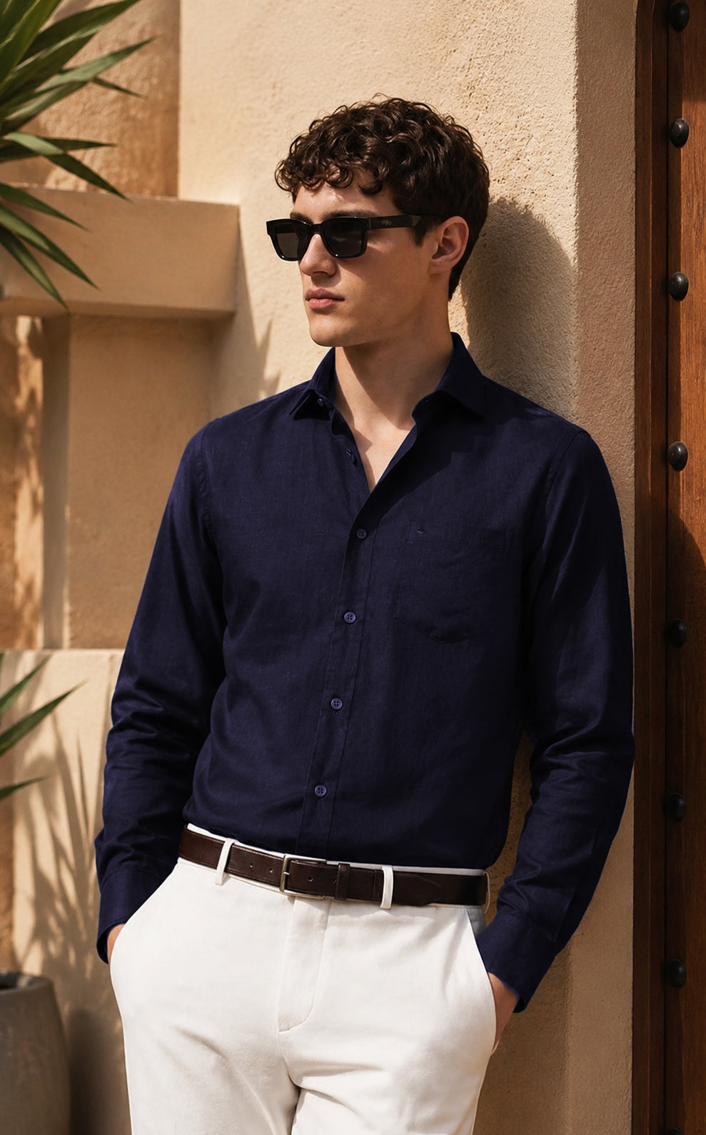Men Navy Linen Shirt