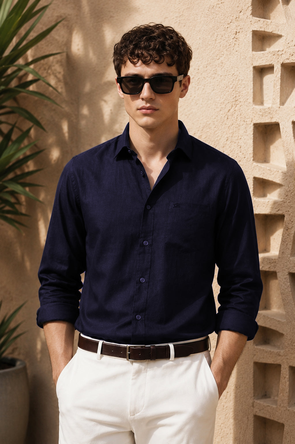 Men Navy Linen Shirt