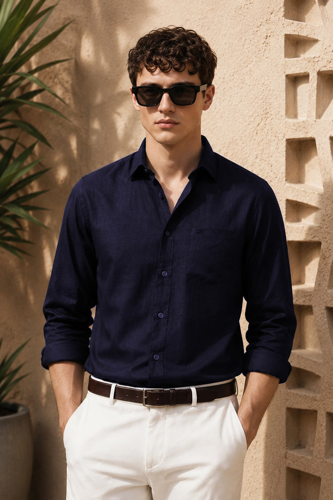 Men Navy Linen Shirt