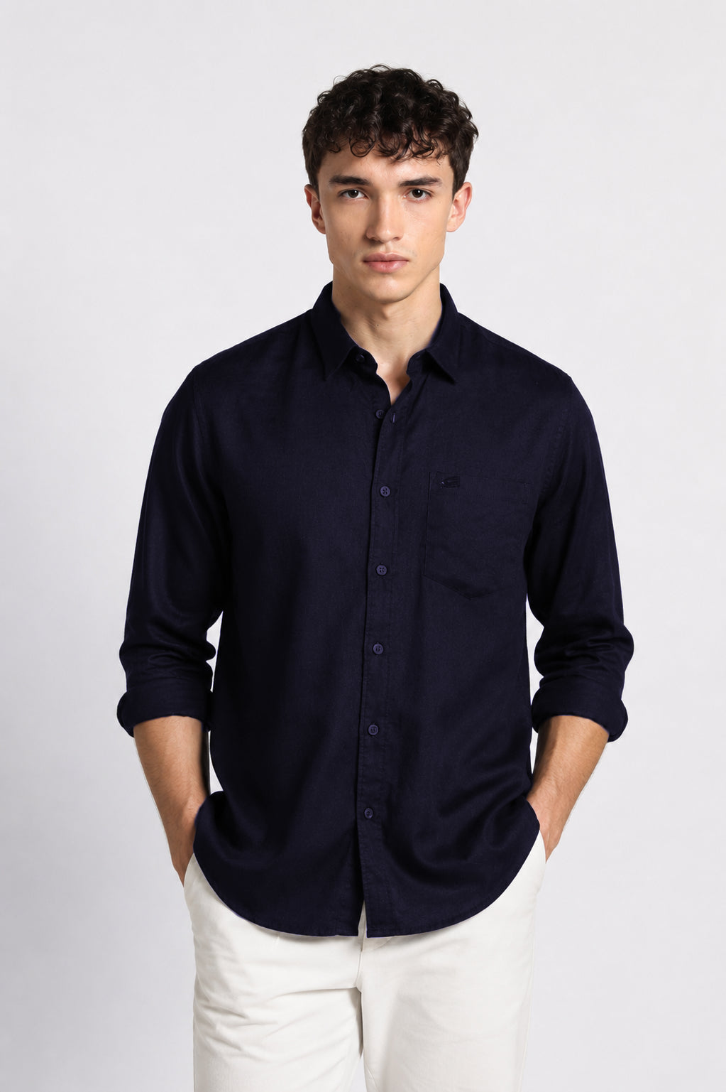 Men Navy Linen Shirt