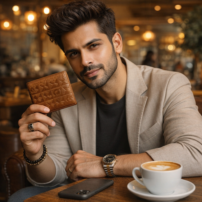 Beige Leather Two Fold Wallet