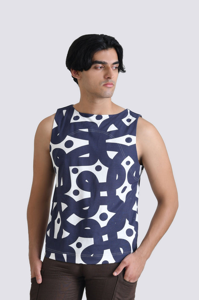 Men Navy Blue Kolam Cotton Tank Top