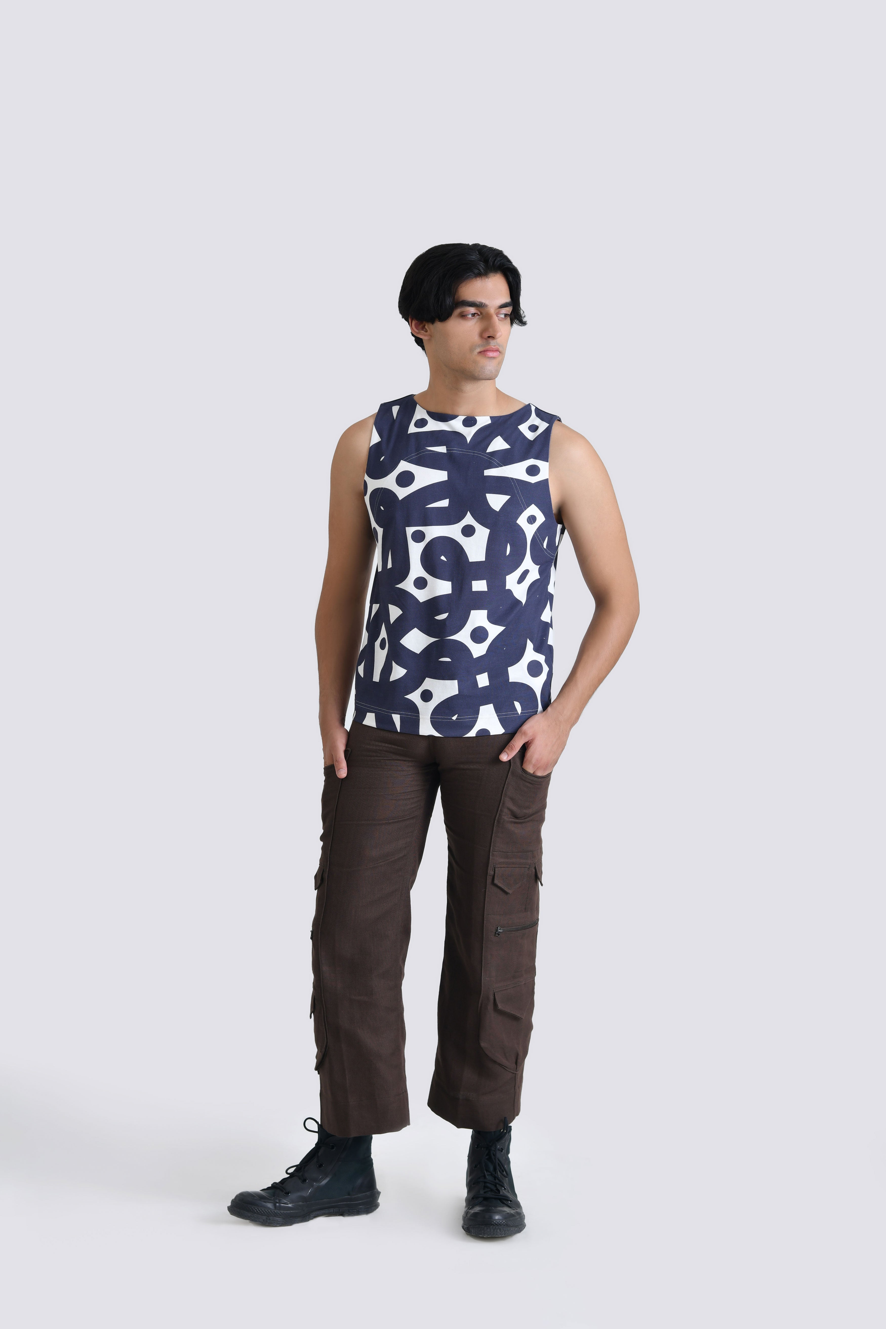 Men Navy Blue Kolam Cotton Tank Top