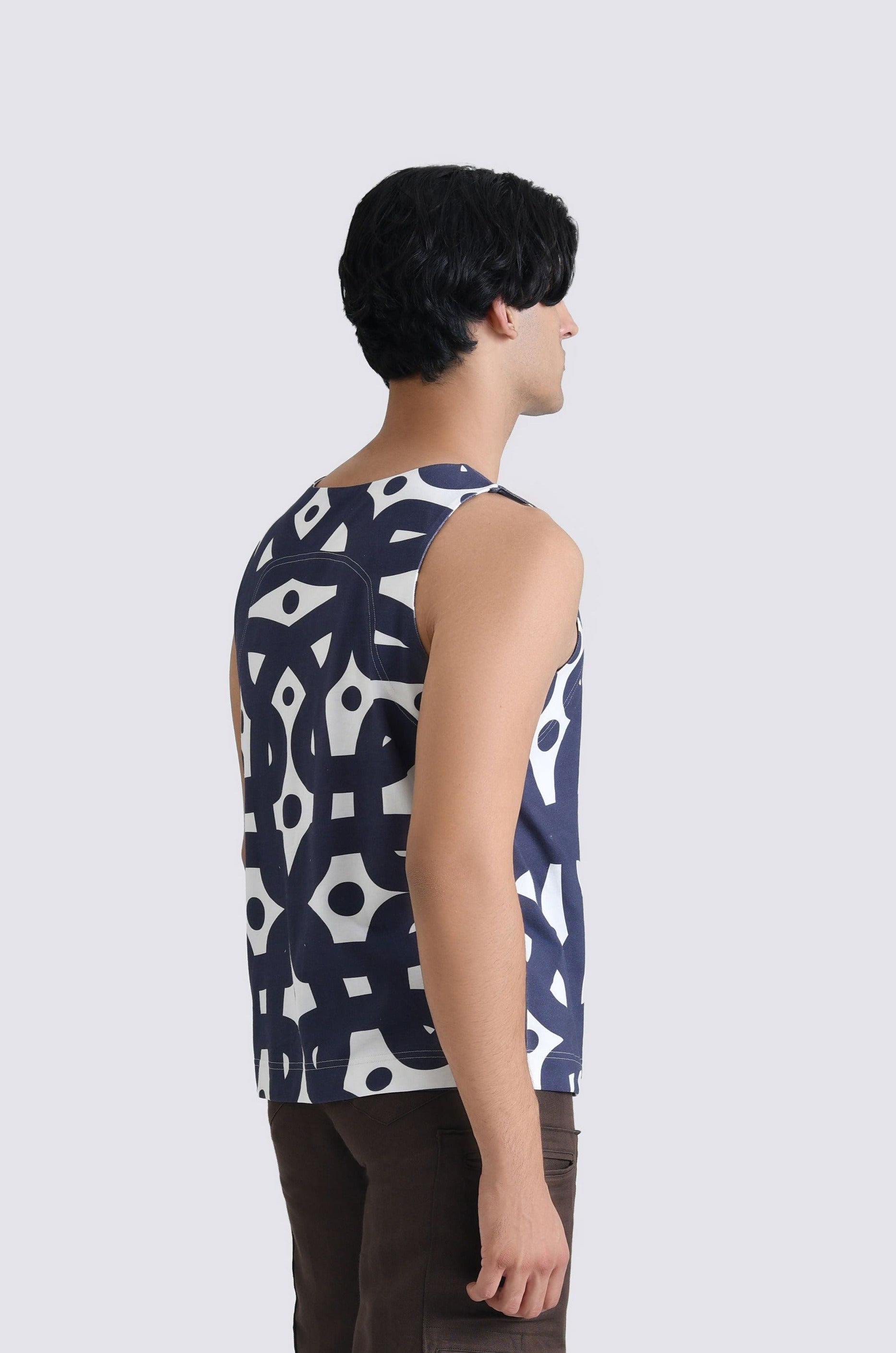 Men Navy Blue Kolam Cotton Tank Top