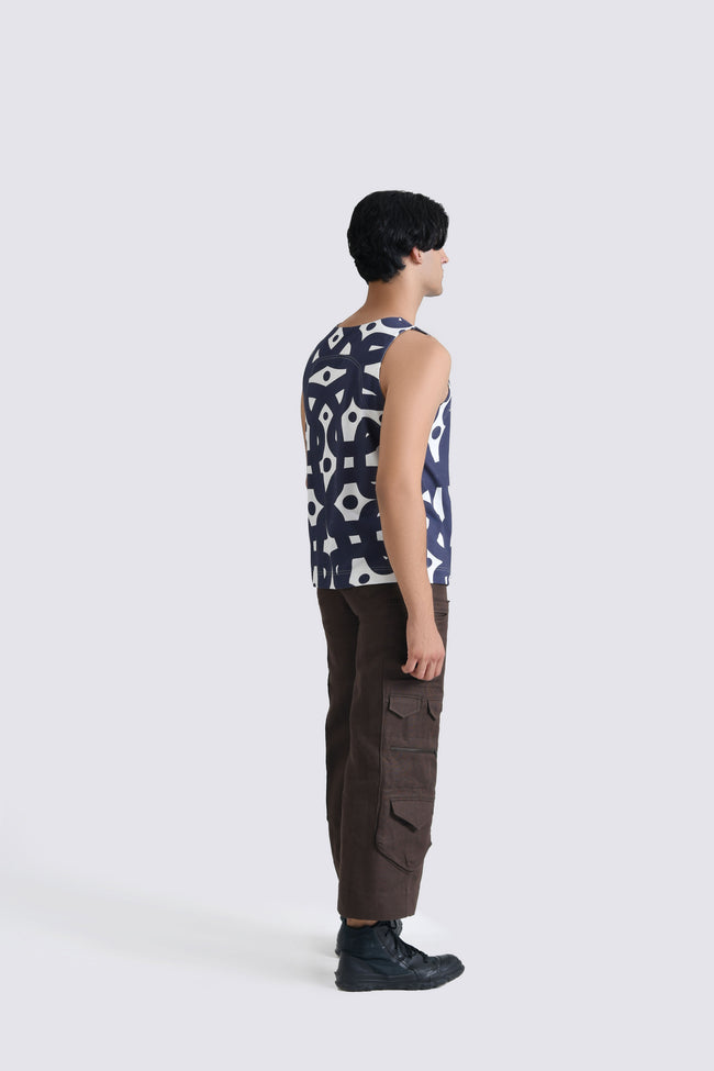 Men Navy Blue Kolam Cotton Tank Top