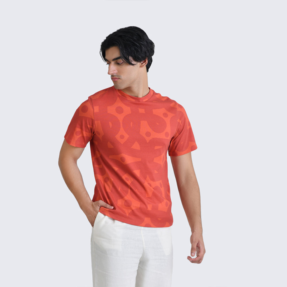 Men Orange Kolam Cotton T-Shirt