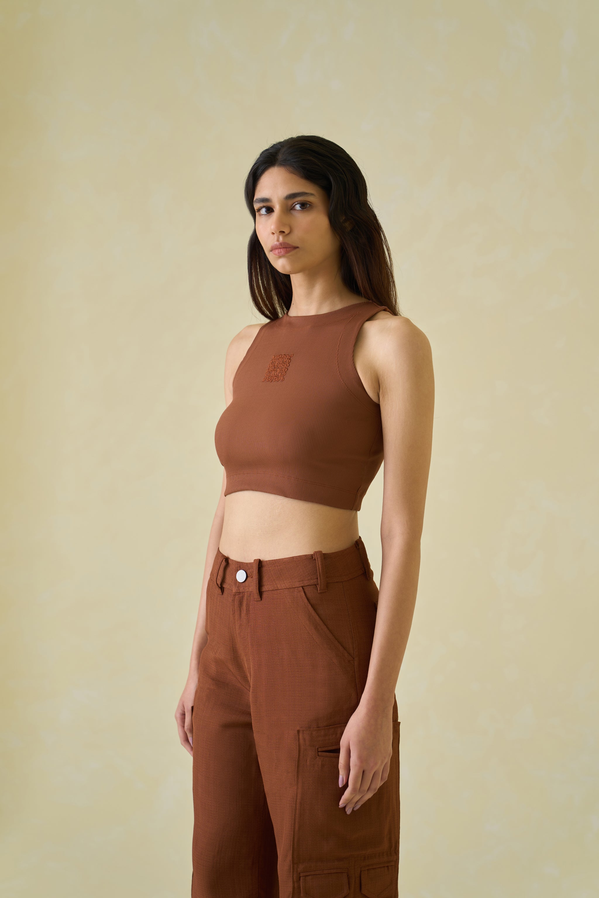 Women Brown Kolam Cropped Cotton Tank Top