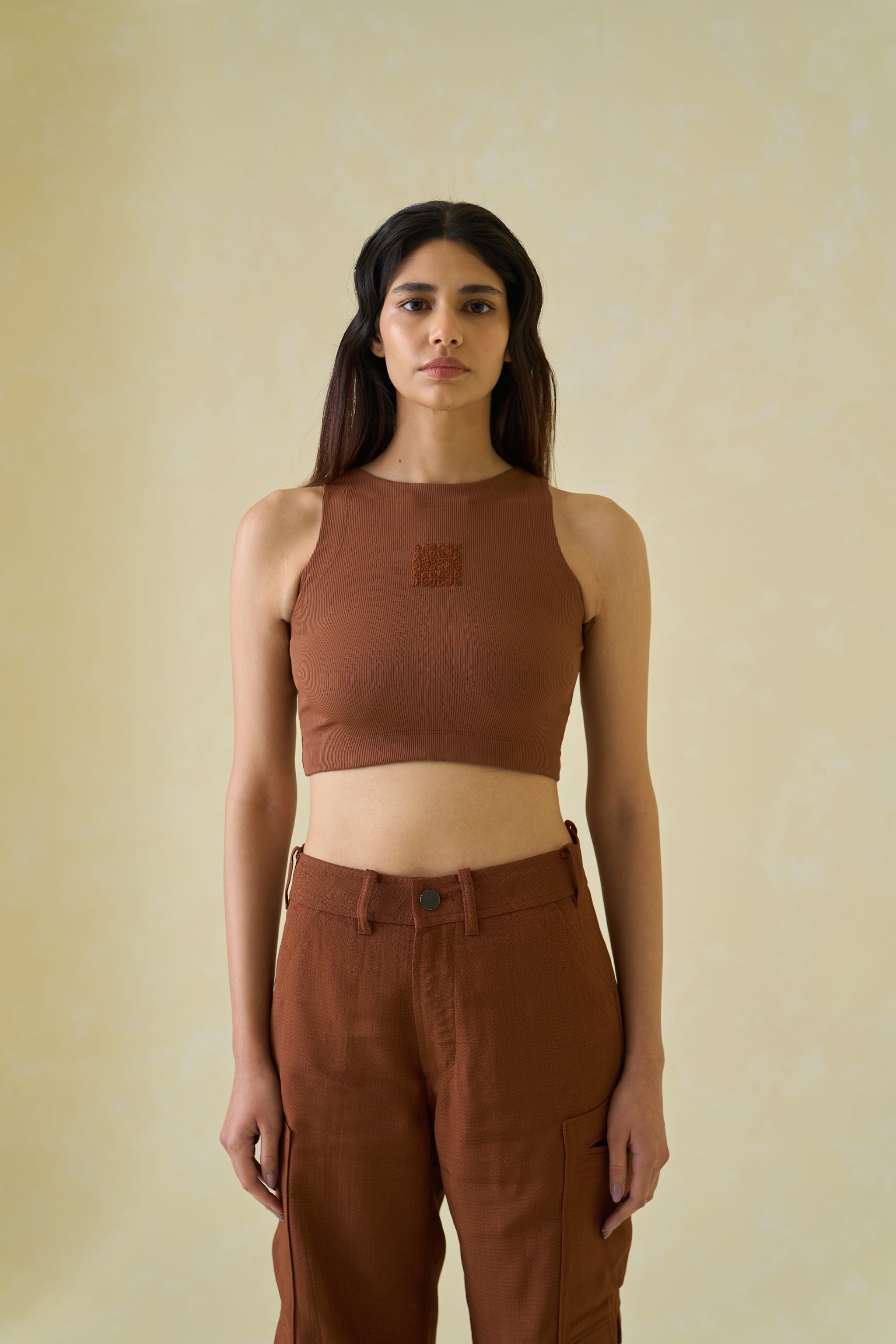 Women Brown Kolam Cropped Cotton Tank Top