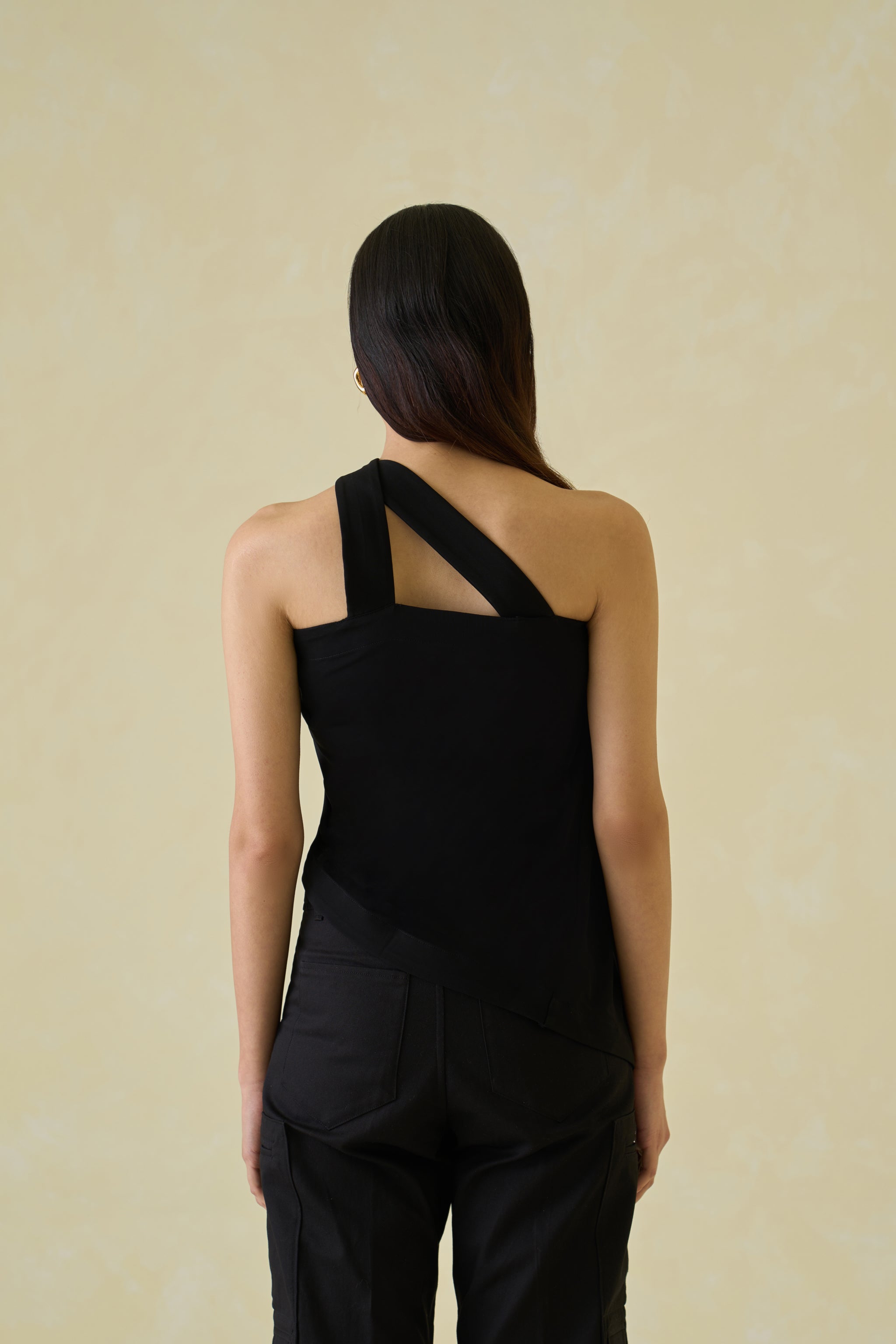 Women Black One Shoulder Rayon Draped Top
