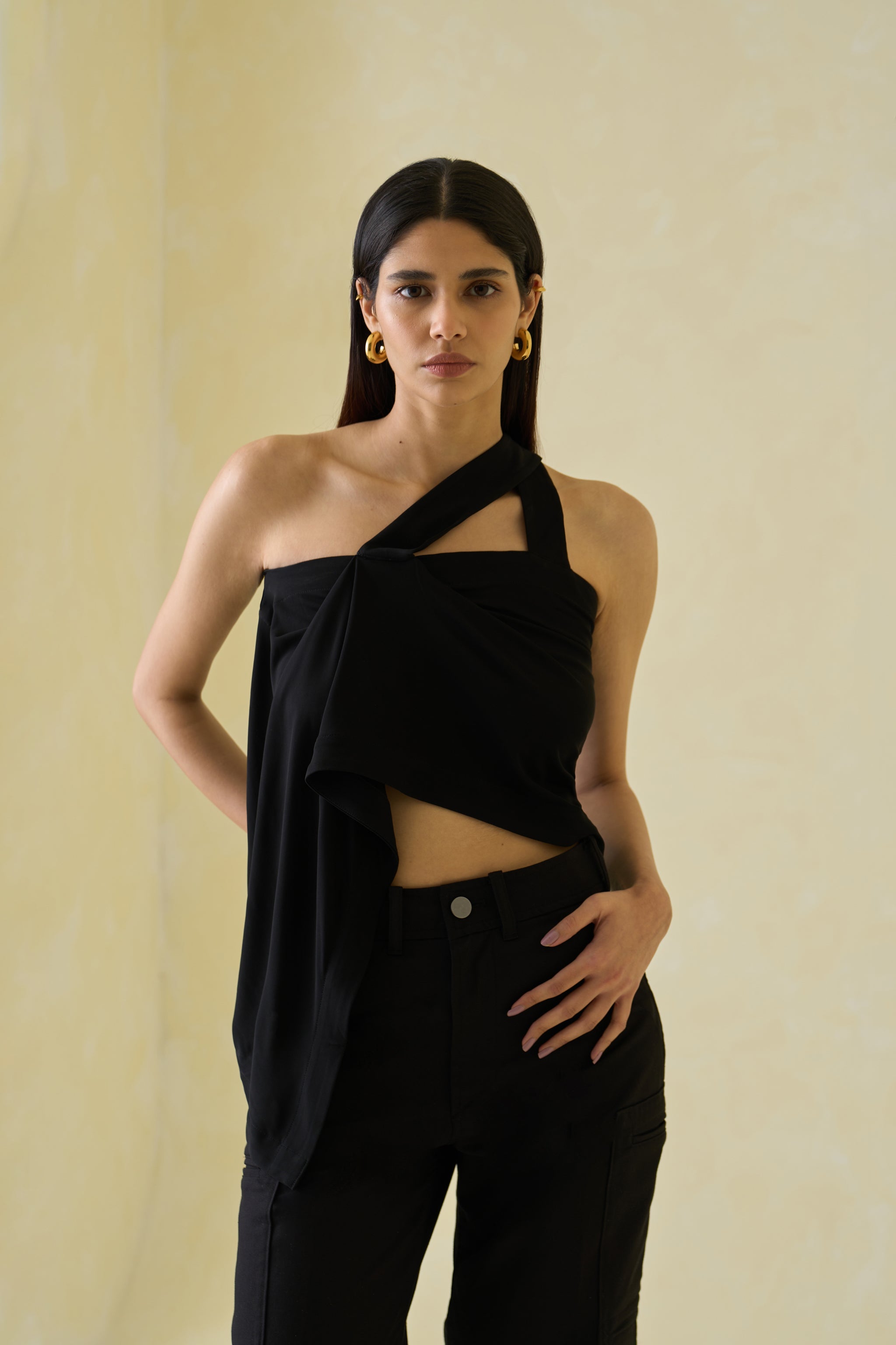 Women Black One Shoulder Rayon Draped Top
