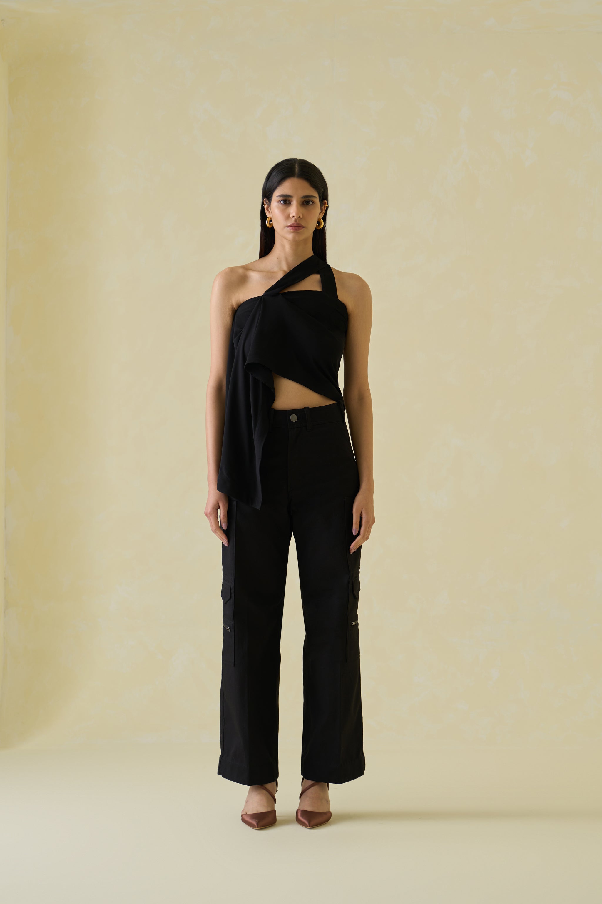 Women Black One Shoulder Rayon Draped Top