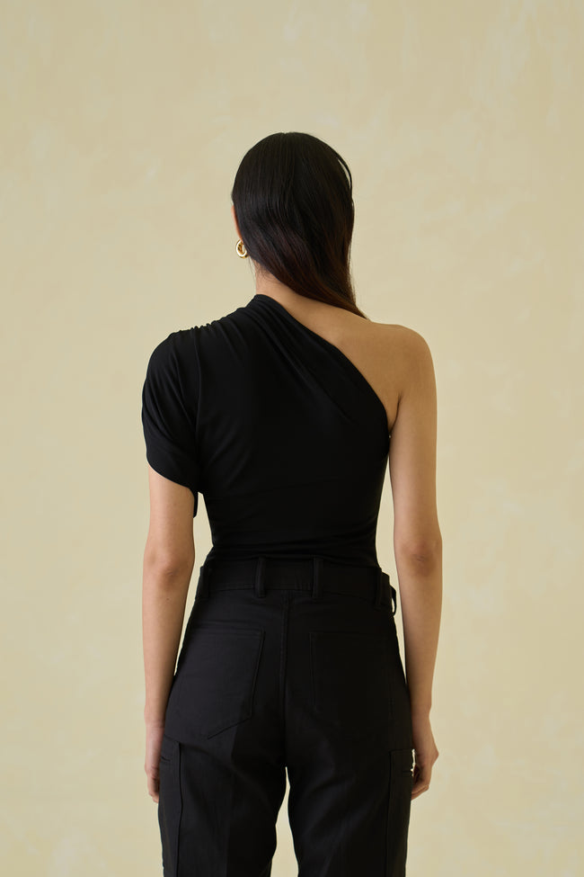 Women Black Asymmetric Rayon Bodysuit