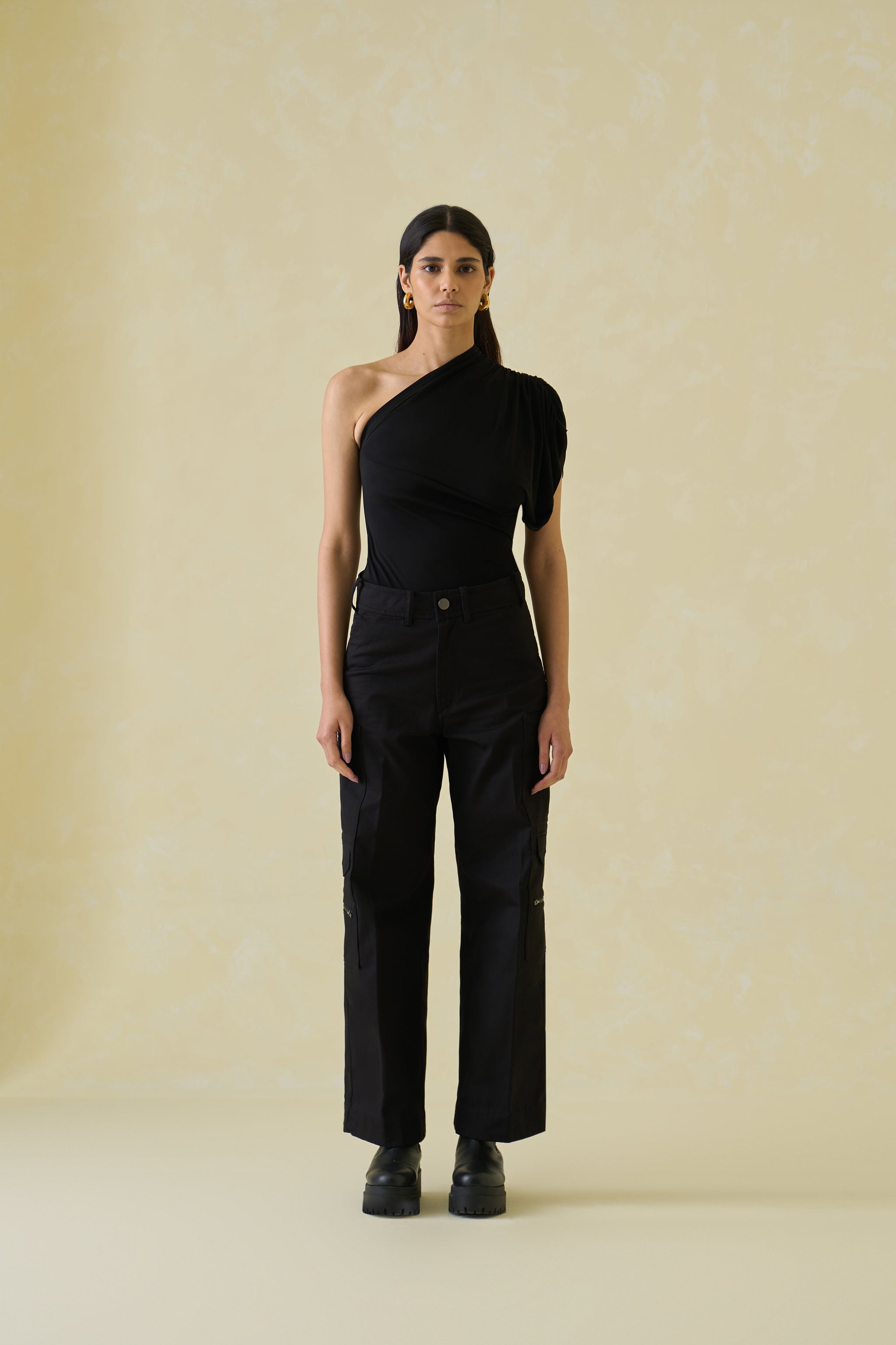 Women Black Asymmetric Rayon Bodysuit