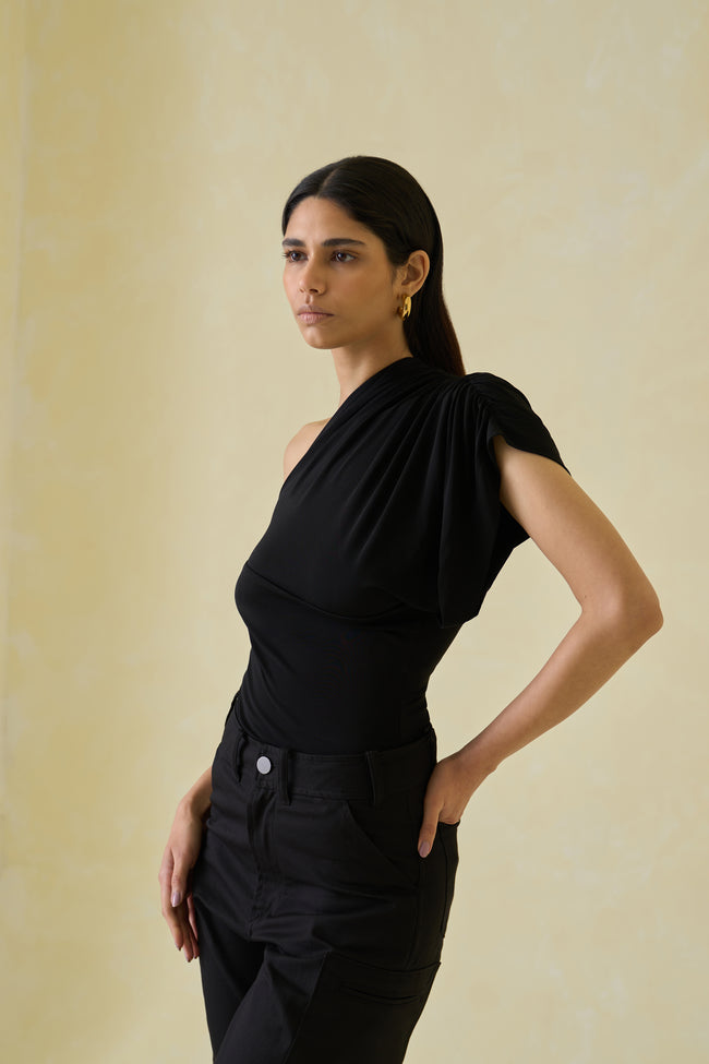 Women Black Asymmetric Rayon Bodysuit