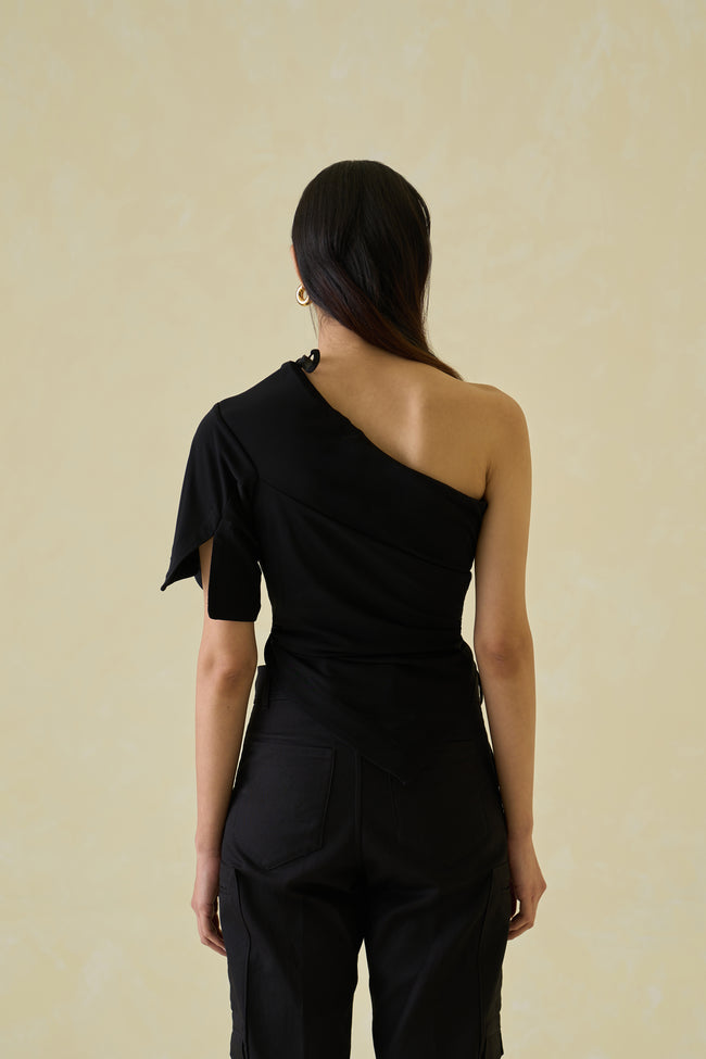 Women Black One Shoulder Asymmetric Rayon Top