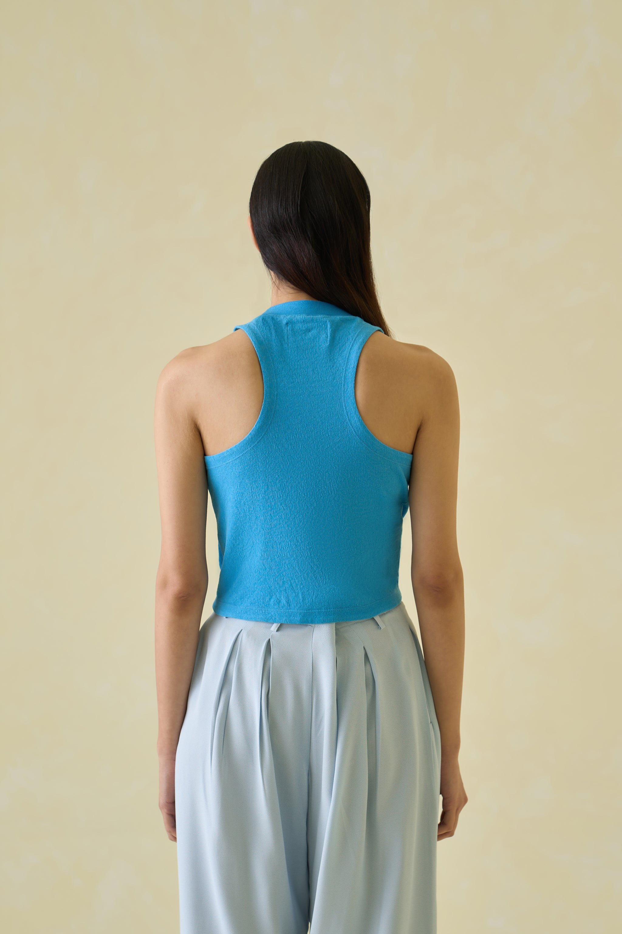 Women Blue Kolam Embroidered Cotton Tank Top