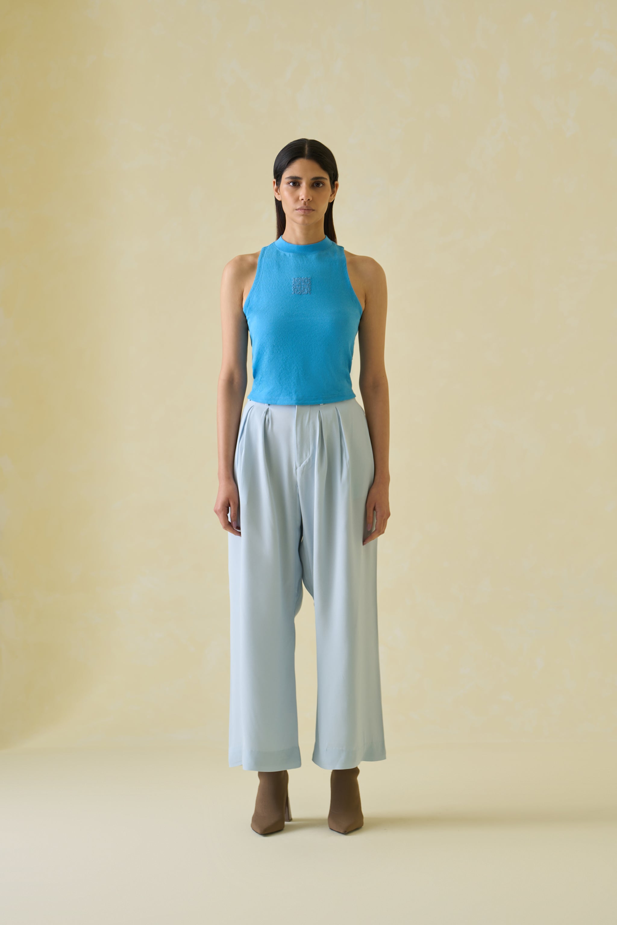 Women Blue Kolam Embroidered Cotton Tank Top