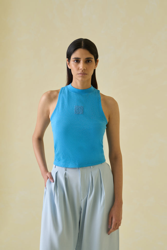 Women Blue Kolam Embroidered Cotton Tank Top