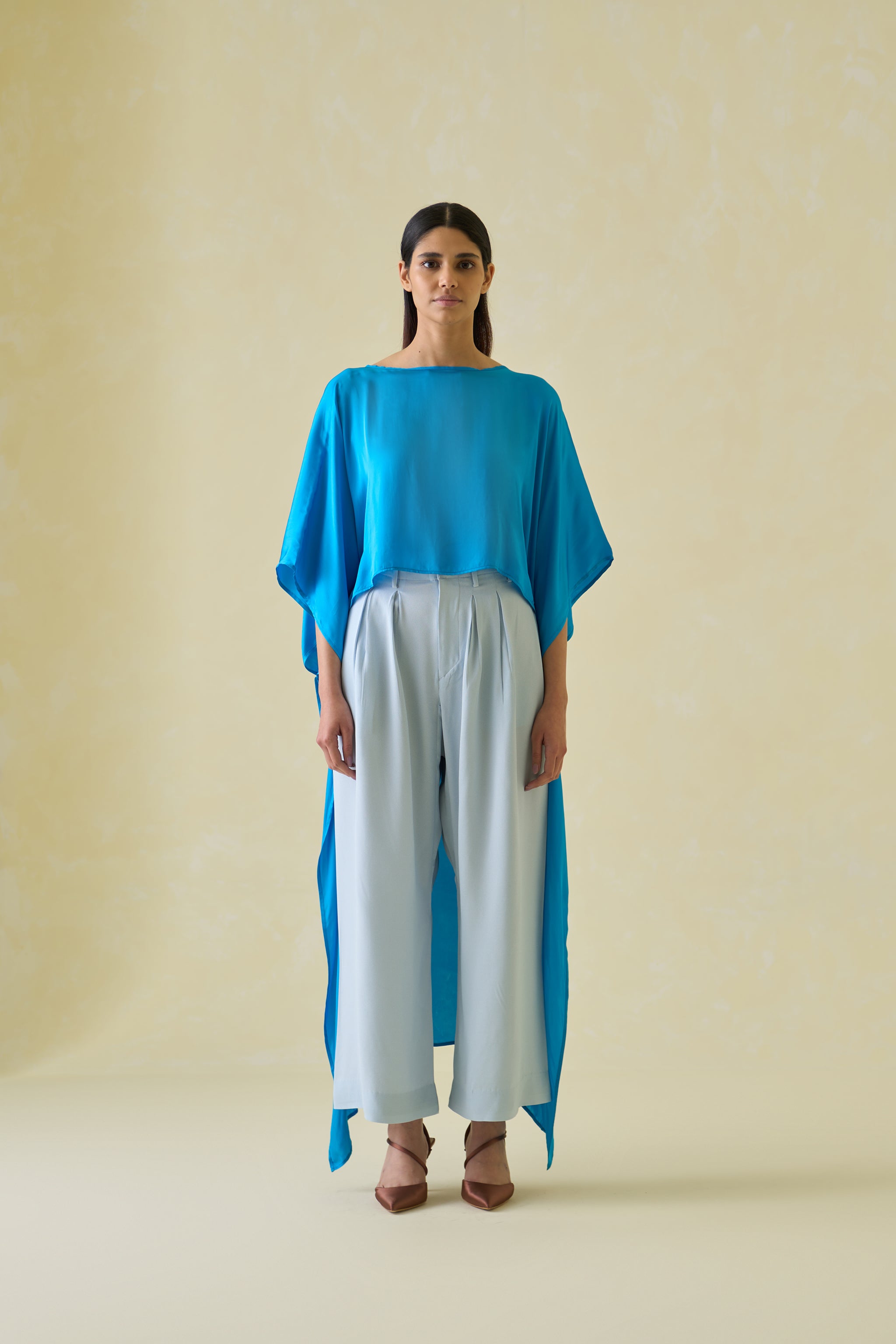 Women Blue High Low Silk Kaftan Top