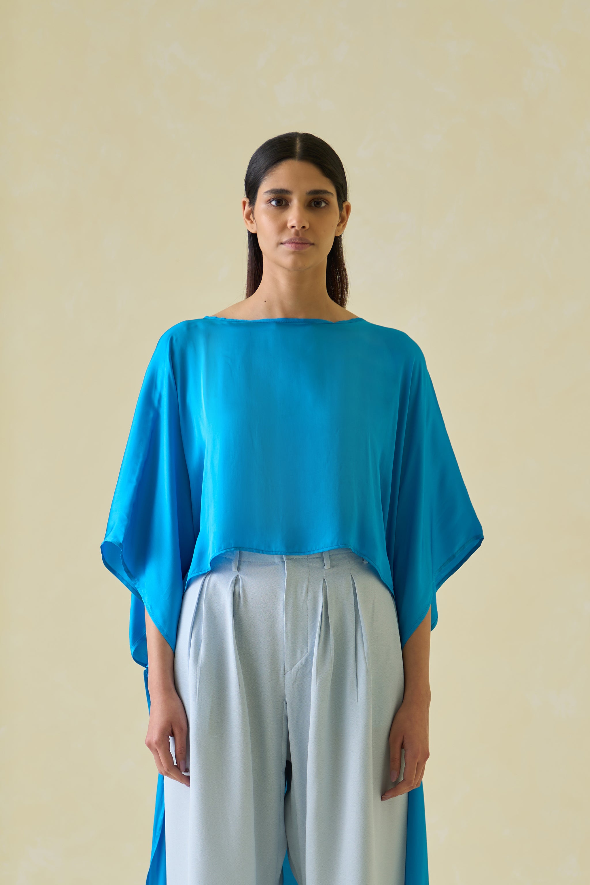 Women Blue High Low Silk Kaftan Top