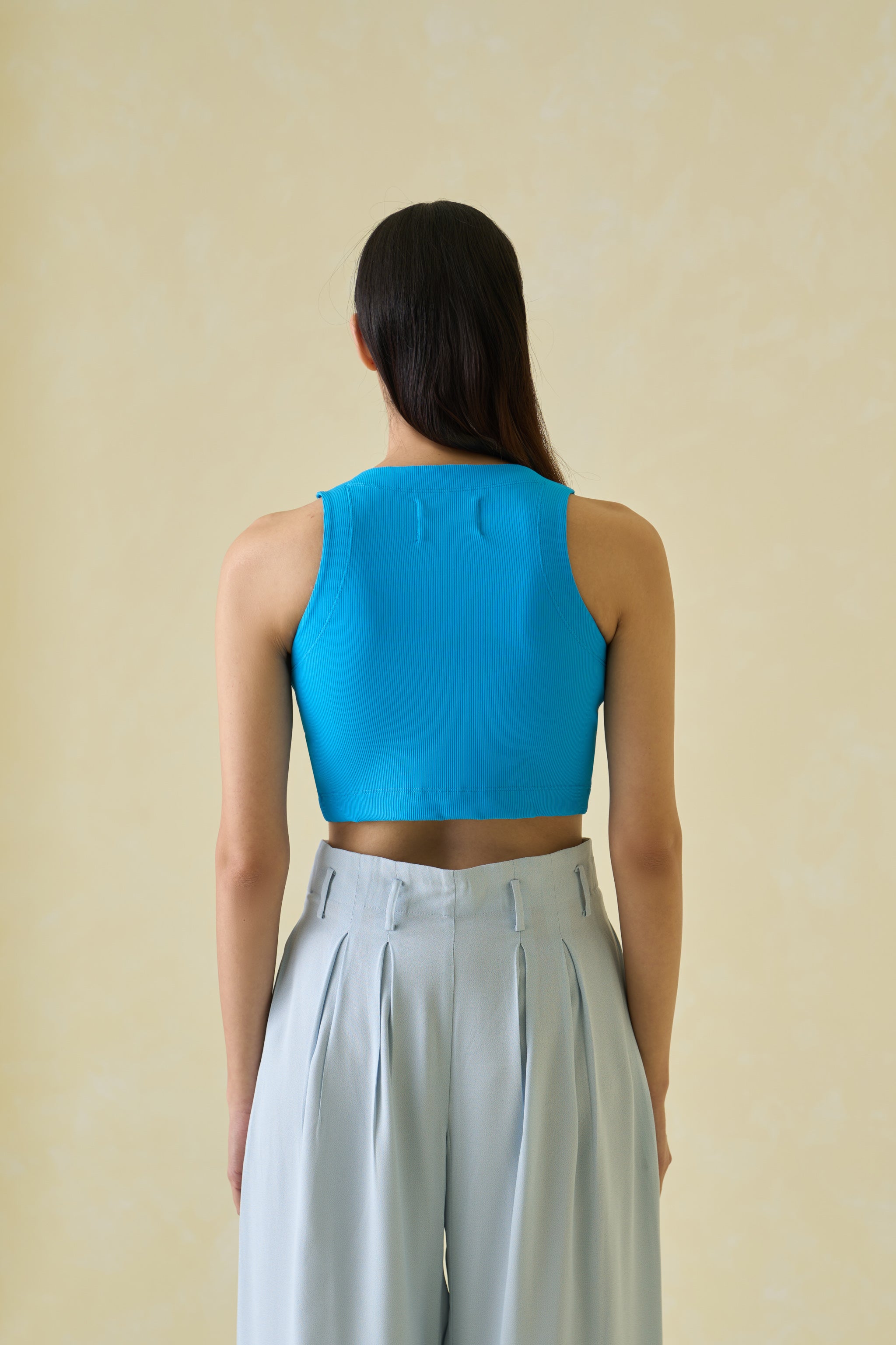 Women Blue Kolam Cropped Nylon Tank Top