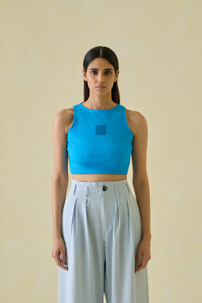 Women Blue Kolam Cropped Nylon Tank Top