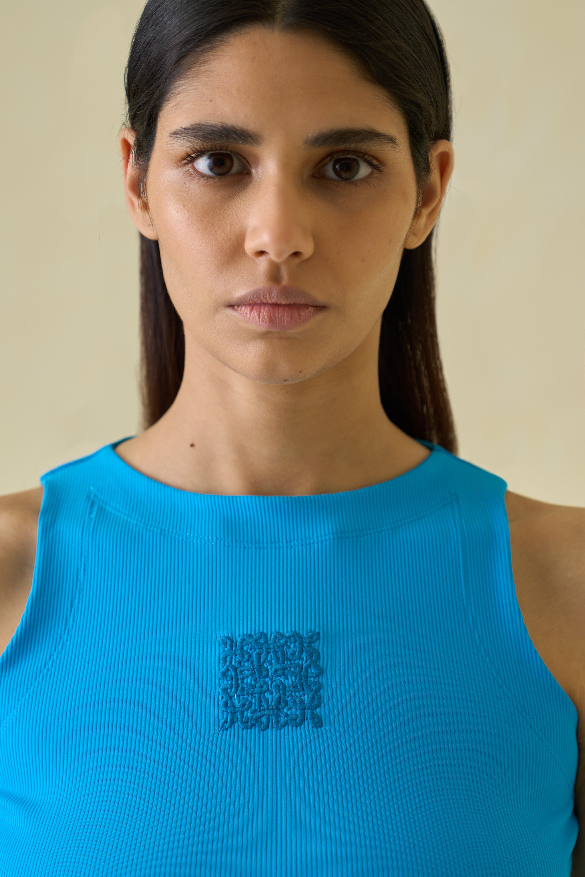 Women Blue Kolam Cropped Nylon Tank Top
