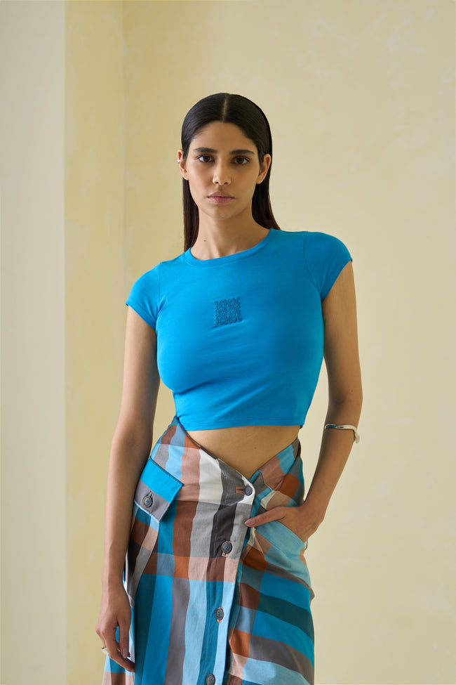 Women Blue Kolam Cotton Baby Tee