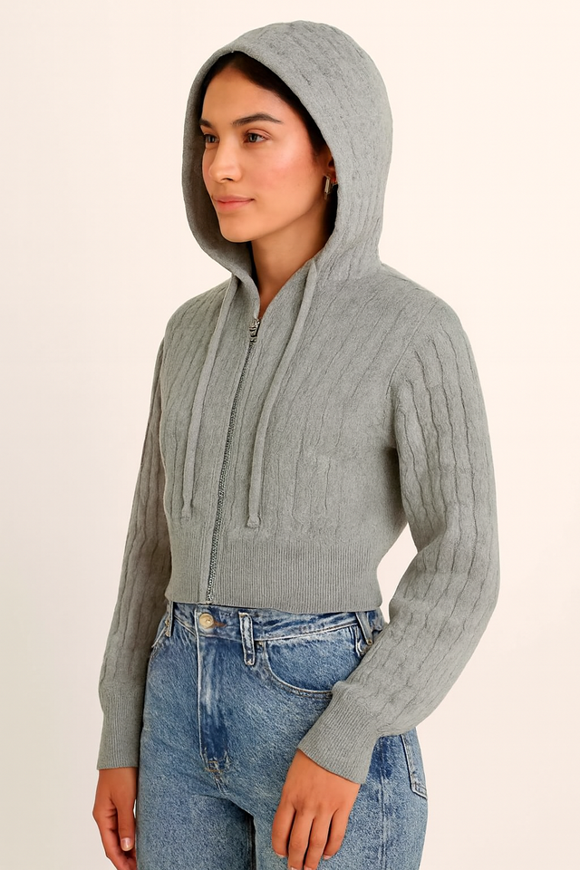 Women Grey Hooded Zip-Up Sweatshirt