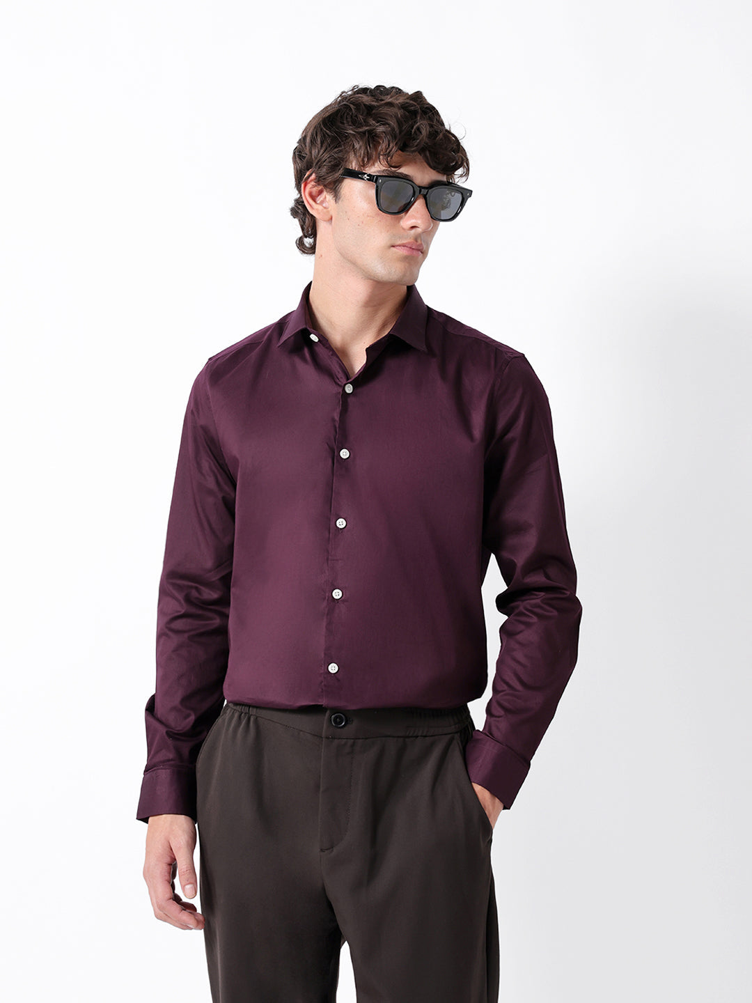 Men Maroon Cotton Solid Shirt