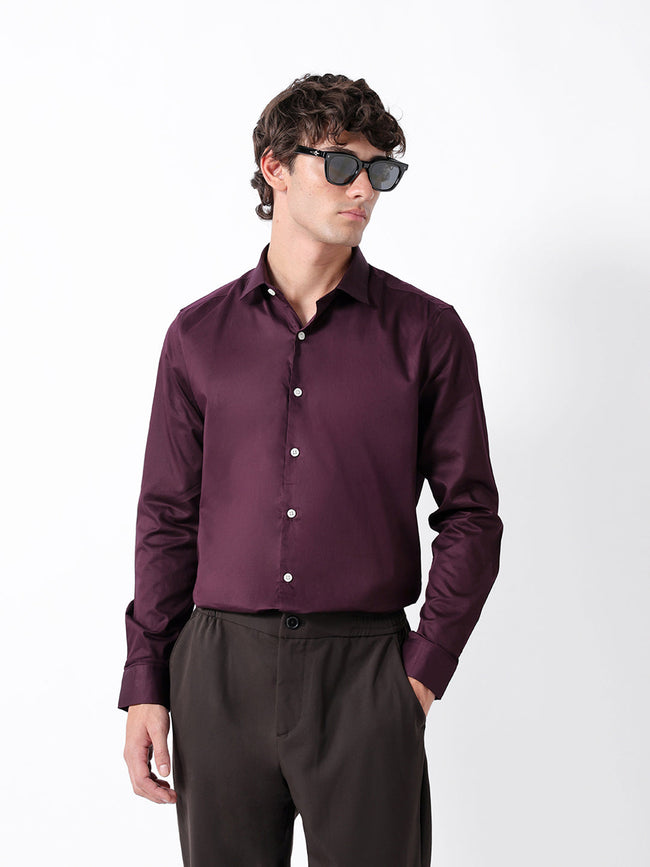 Men Maroon Cotton Solid Shirt