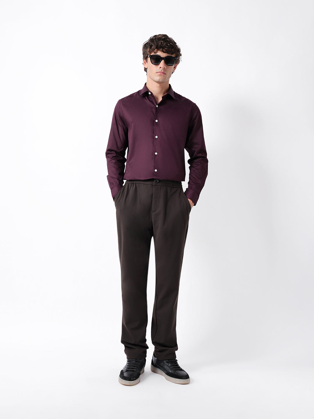Men Maroon Cotton Solid Shirt
