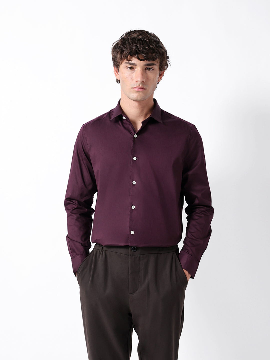 Men Maroon Cotton Solid Shirt