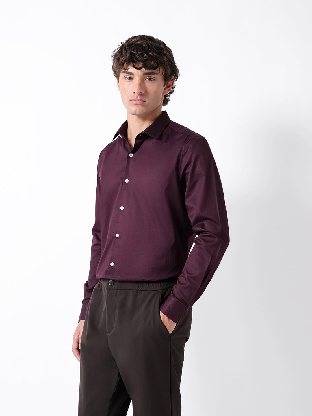 Men Maroon Cotton Solid Shirt