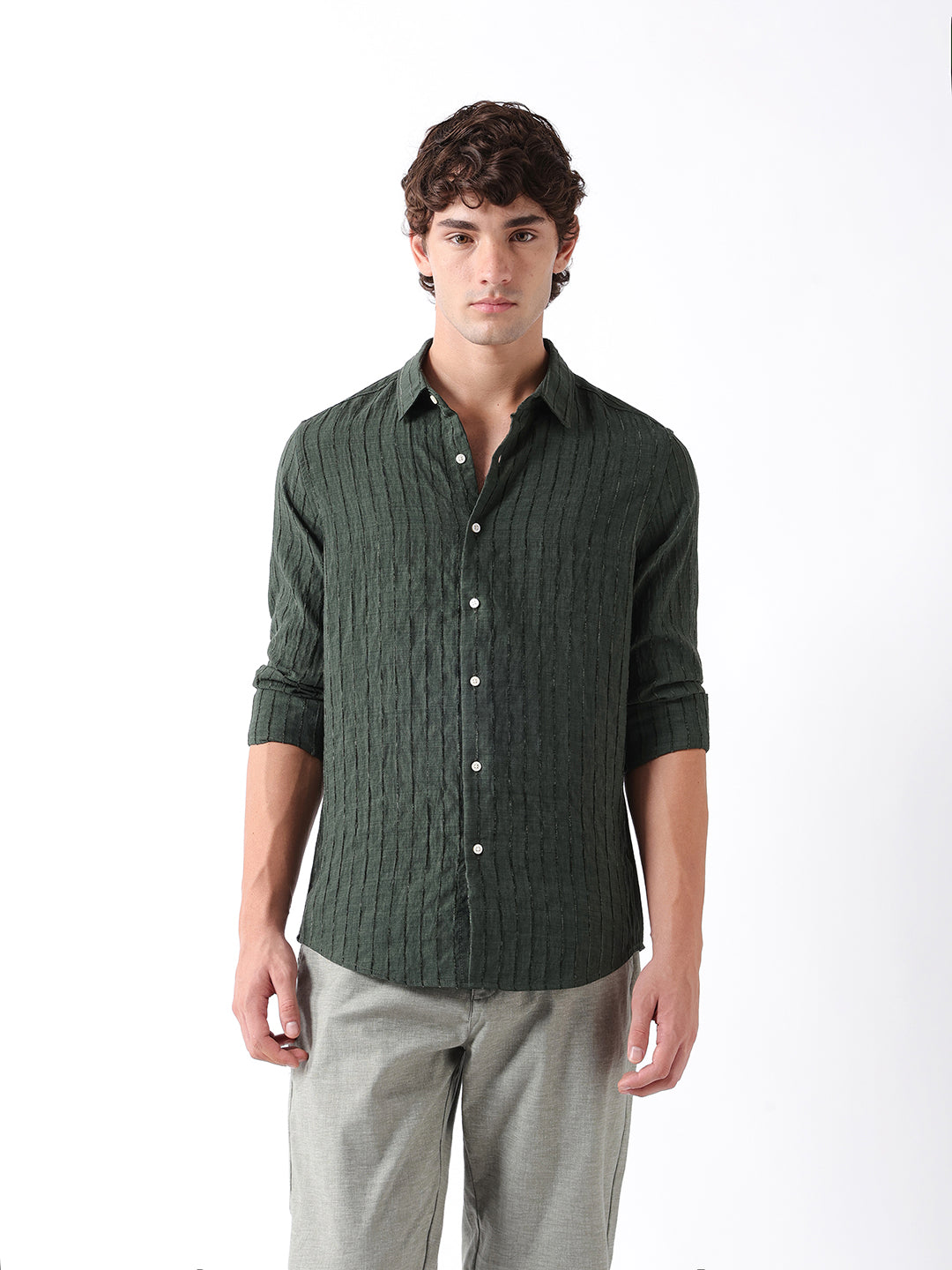 Men Green Striped Shirt