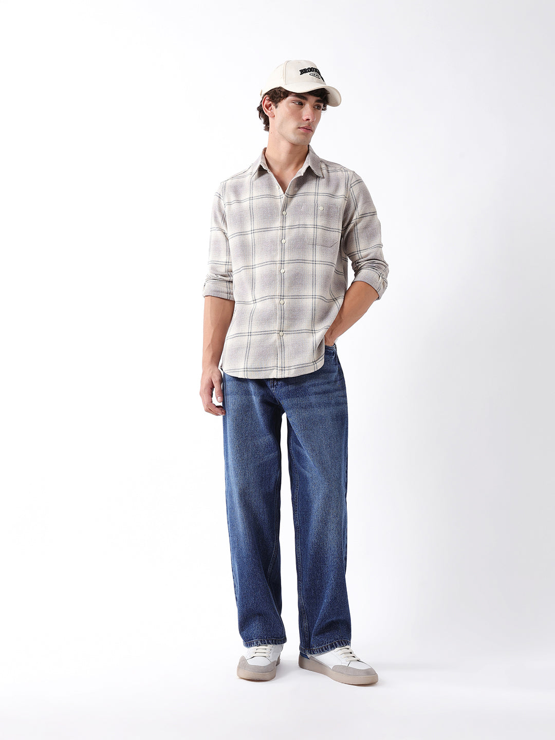 Men Beige Checked Shirt