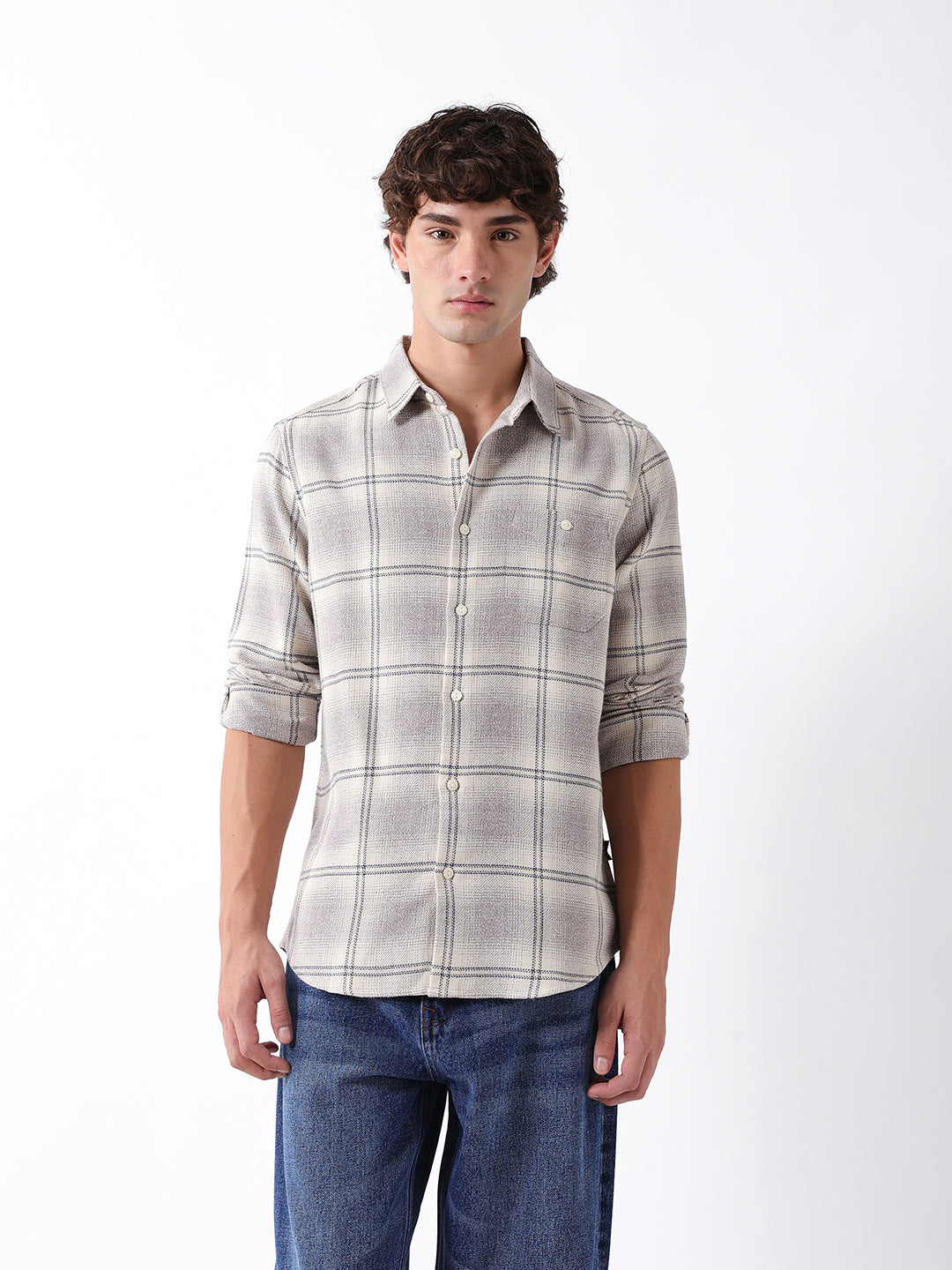 Men Beige Checked Shirt