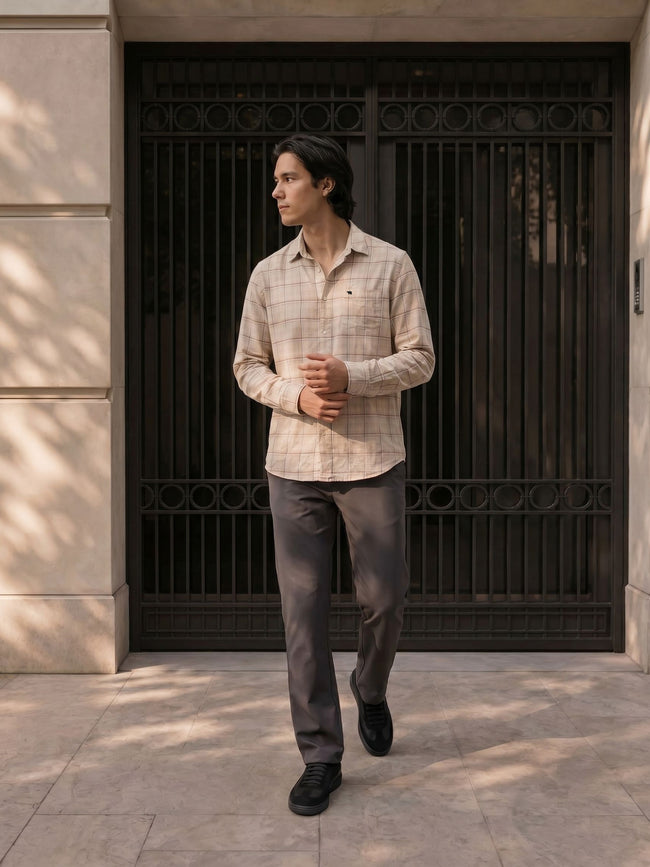 Men Cream Checked Shirt