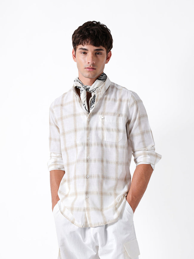 Men Beige Polyester Checked Shirt