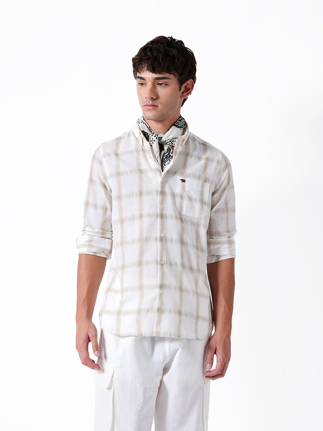 Men Beige Polyester Checked Shirt