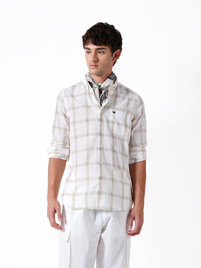 Men Beige Polyester Checked Shirt