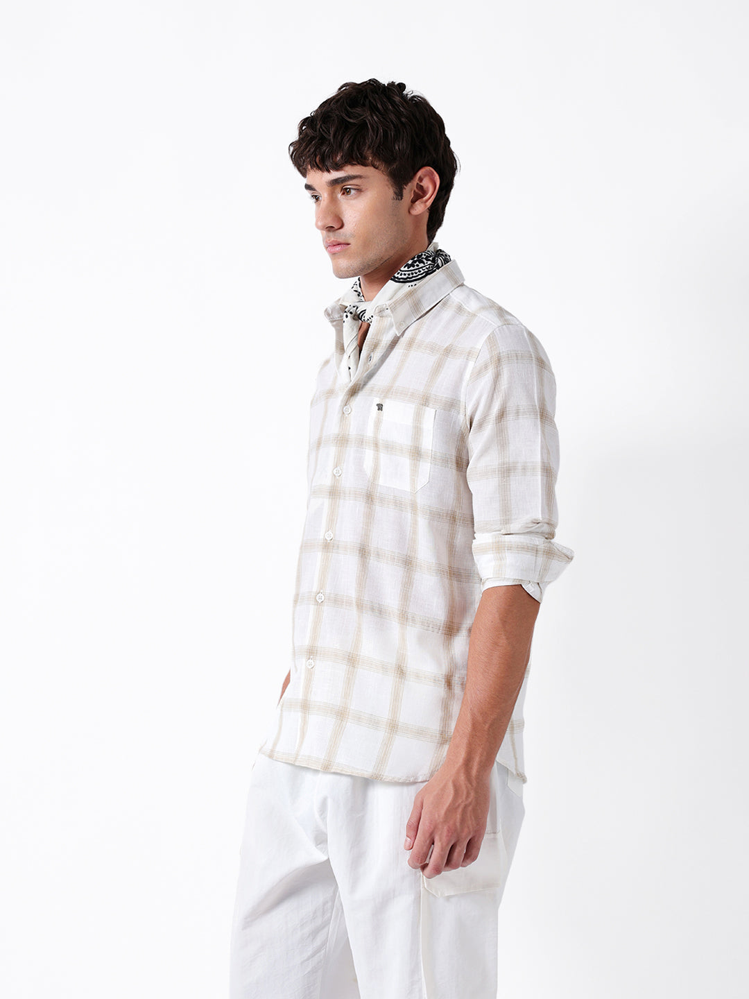 Men Beige Polyester Checked Shirt