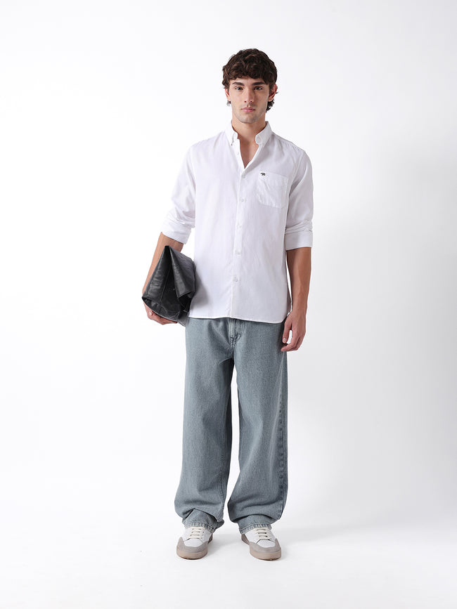 Men White Cotton Solid Shirt