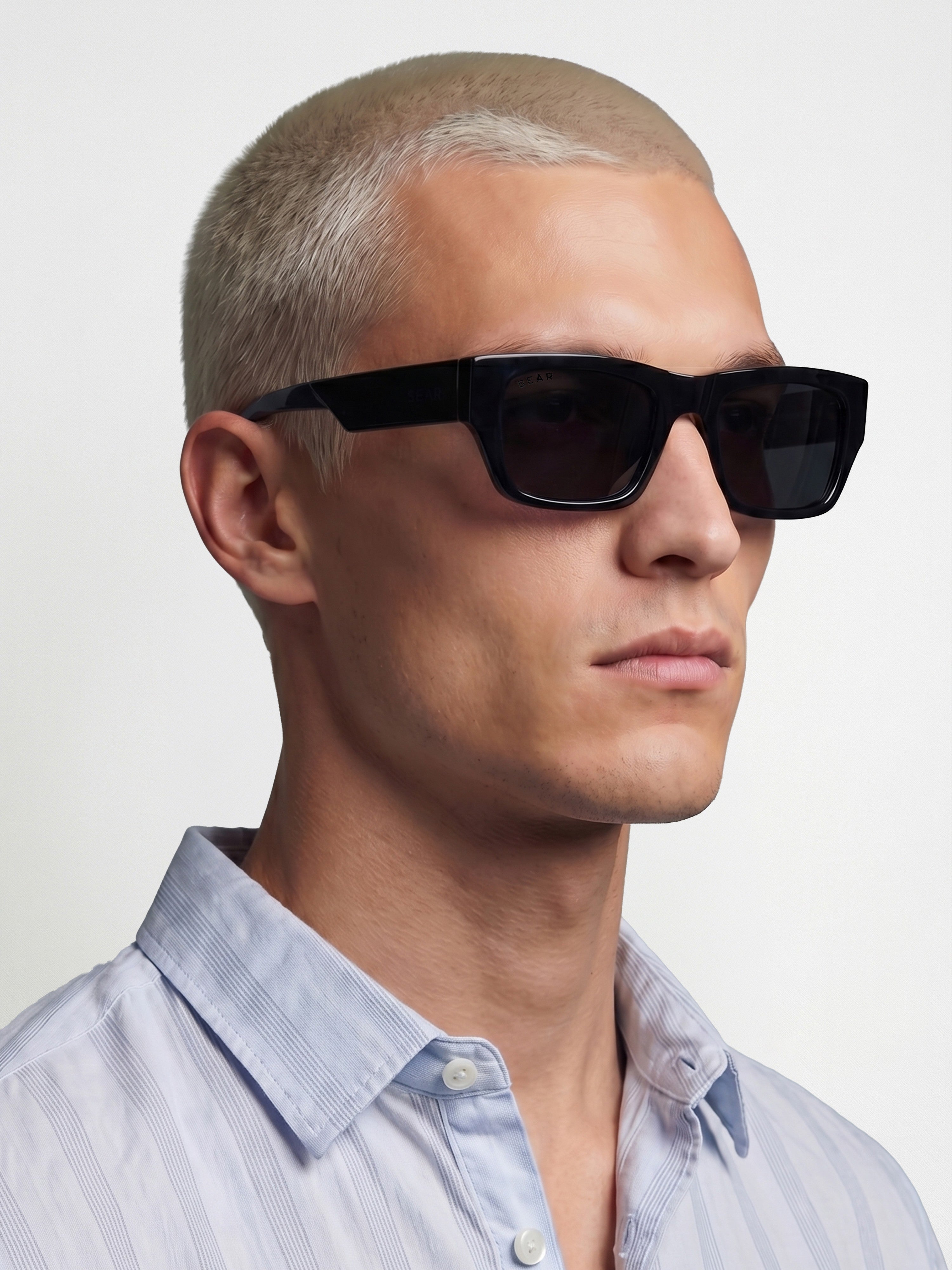 Men Glossy Black Chunky Rectangular Sunglasses with Smoke Grey Tinted Lenses