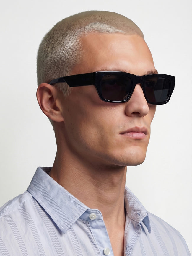 Men Glossy Black Chunky Rectangular Sunglasses with Smoke Grey Tinted Lenses