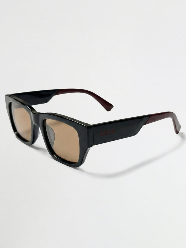 Men Glossy Black Chunky Rectangular Sunglasses with Smoke Brown Tinted Lenses