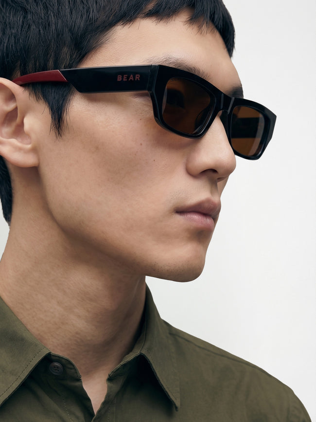 Men Glossy Black Chunky Rectangular Sunglasses with Smoke Brown Tinted Lenses