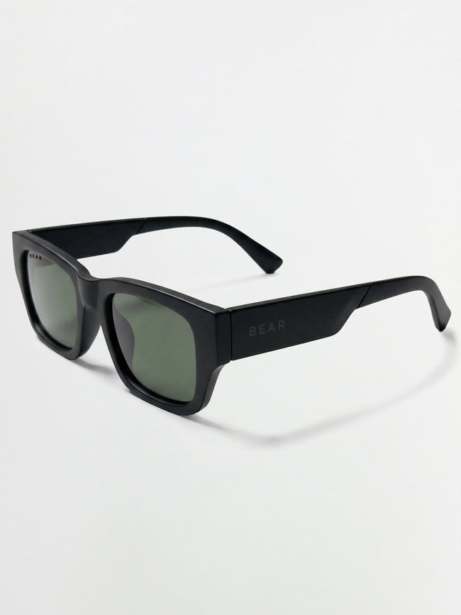 Men Glossy Black Chunky Rectangular Sunglasses with Smoke Olive Tinted Lenses